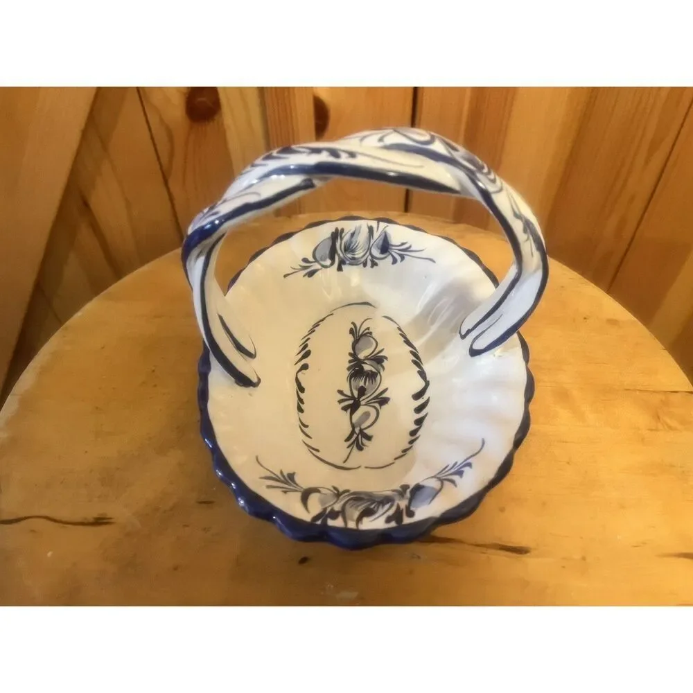 Blue White Hand Painted Ceramic Basket R.C.& Cal Da Juncal Porto De Mos Portugal